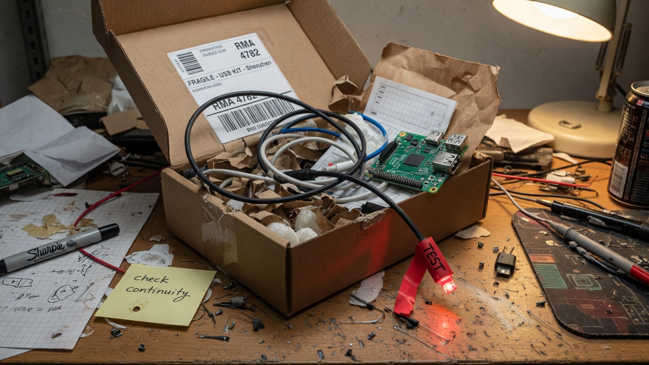 Cables and electronics package on a workbench