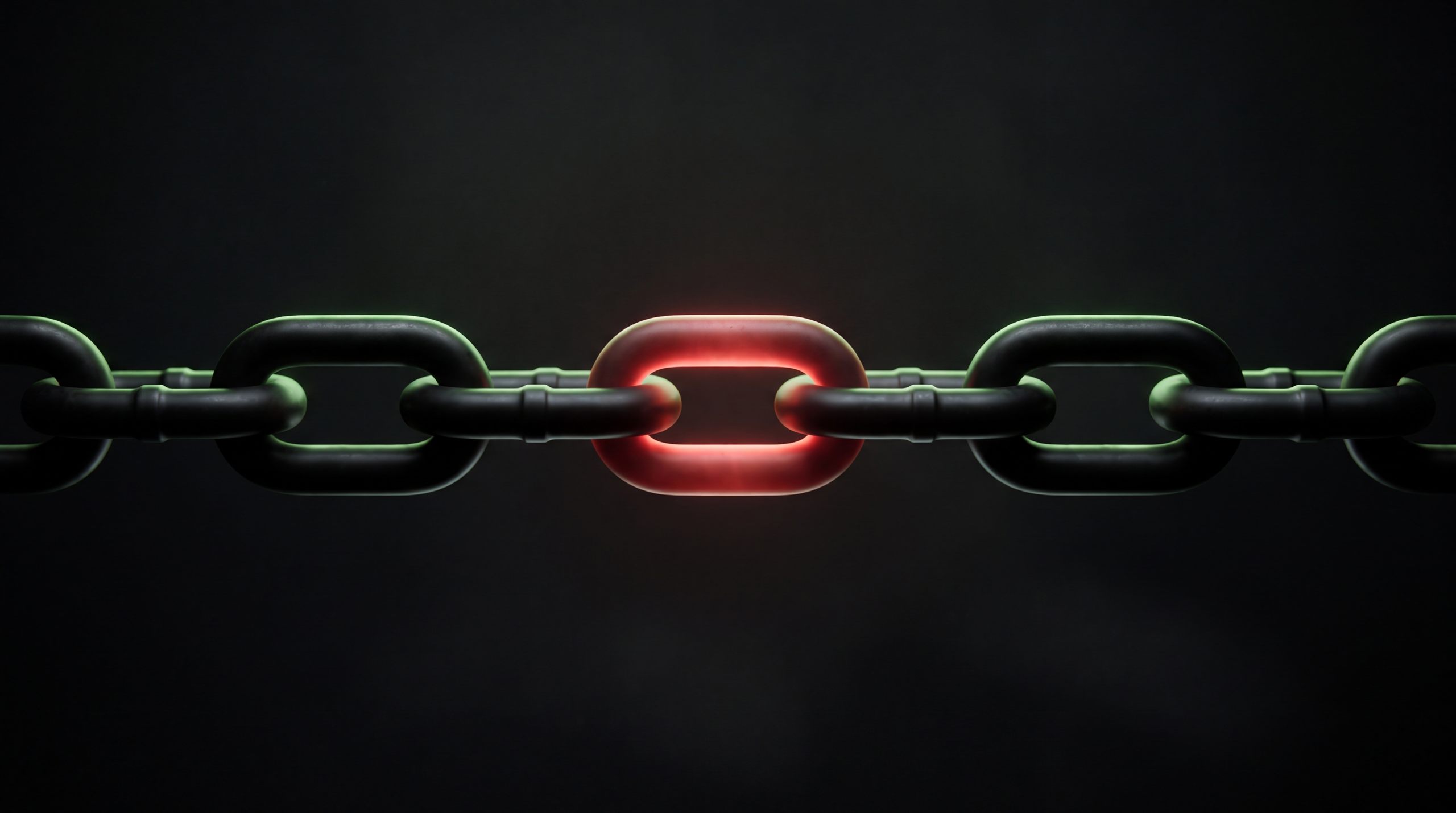 Metal chain with one glowing red link