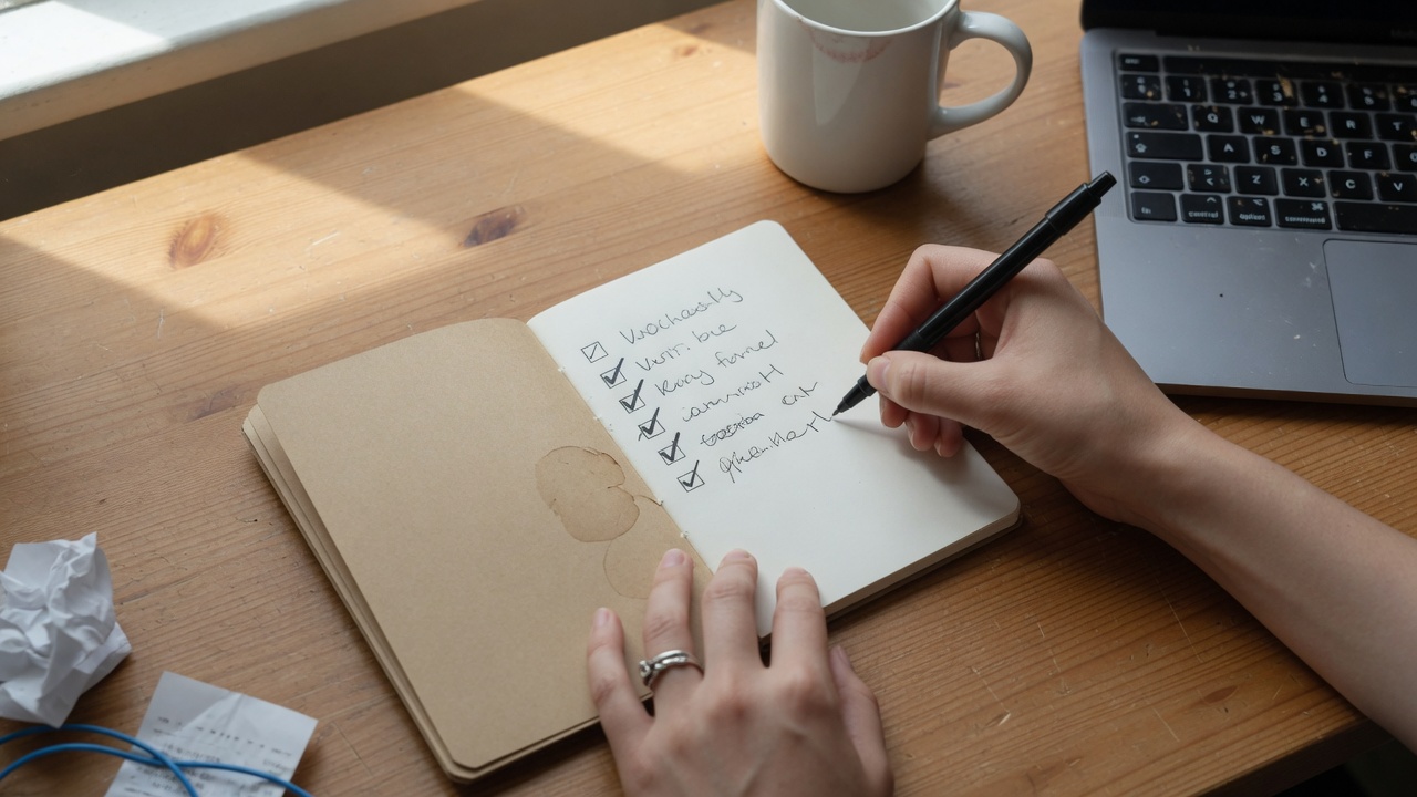 Hand writing a checklist in a notebook