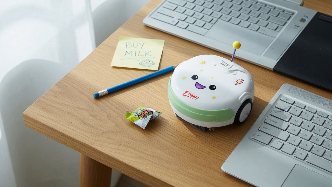 Small desk robot next to a laptop
