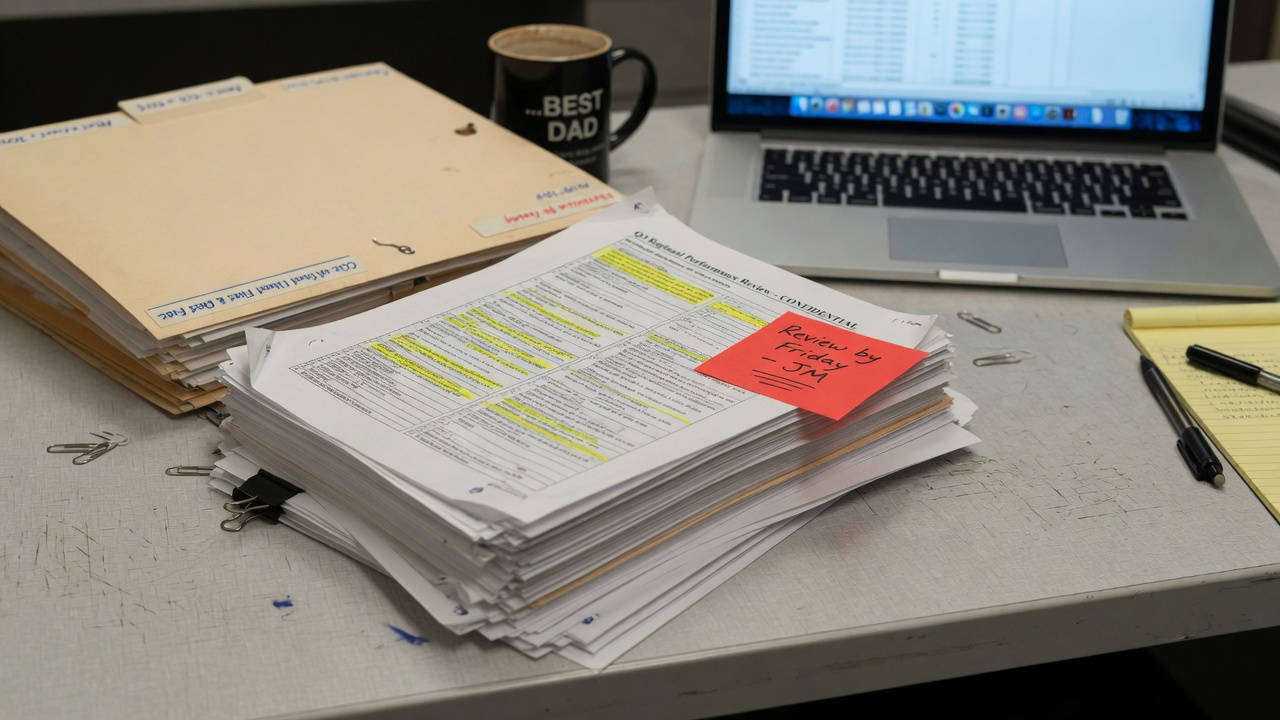 Stack of office documents and folders