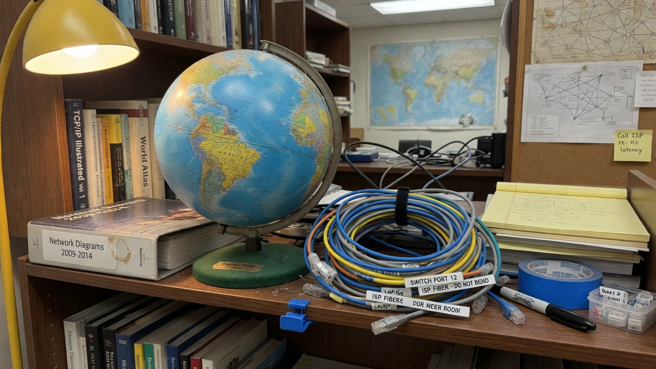 Globe and network cables on a shelf
