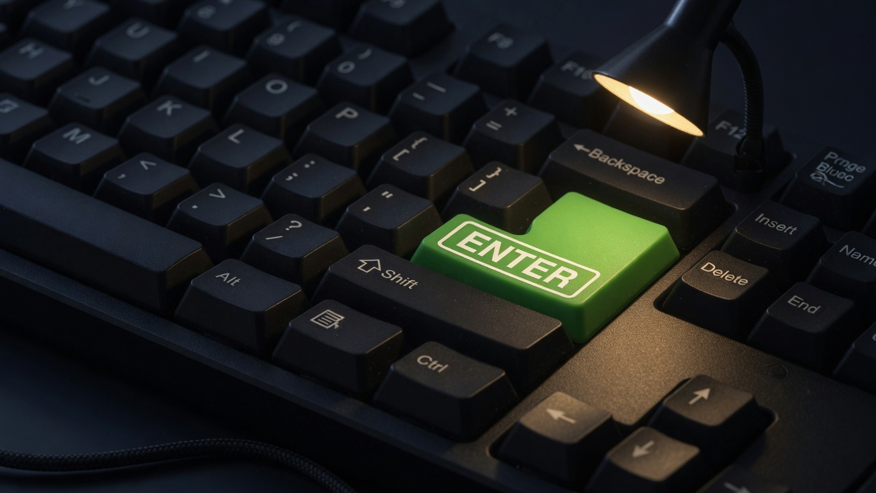 Mechanical keyboard under a desk lamp