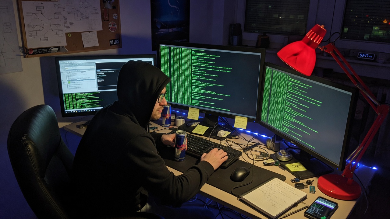 Multi-monitor security workspace at night
