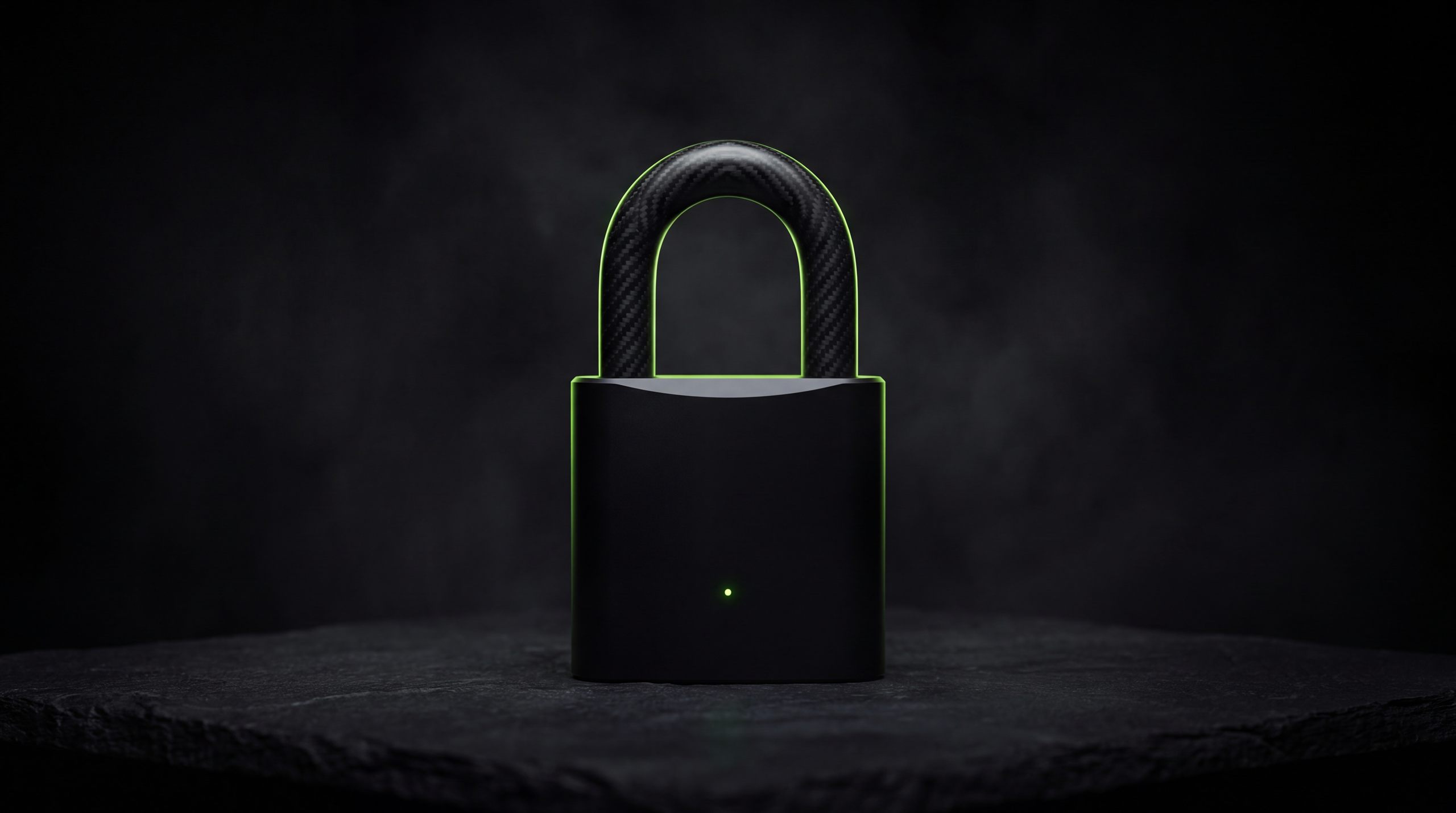 Black padlock with green accent light