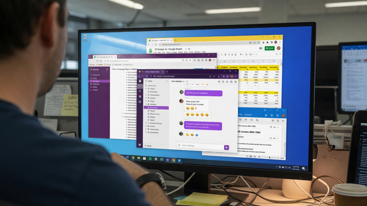 Overlapping browser windows on a monitor