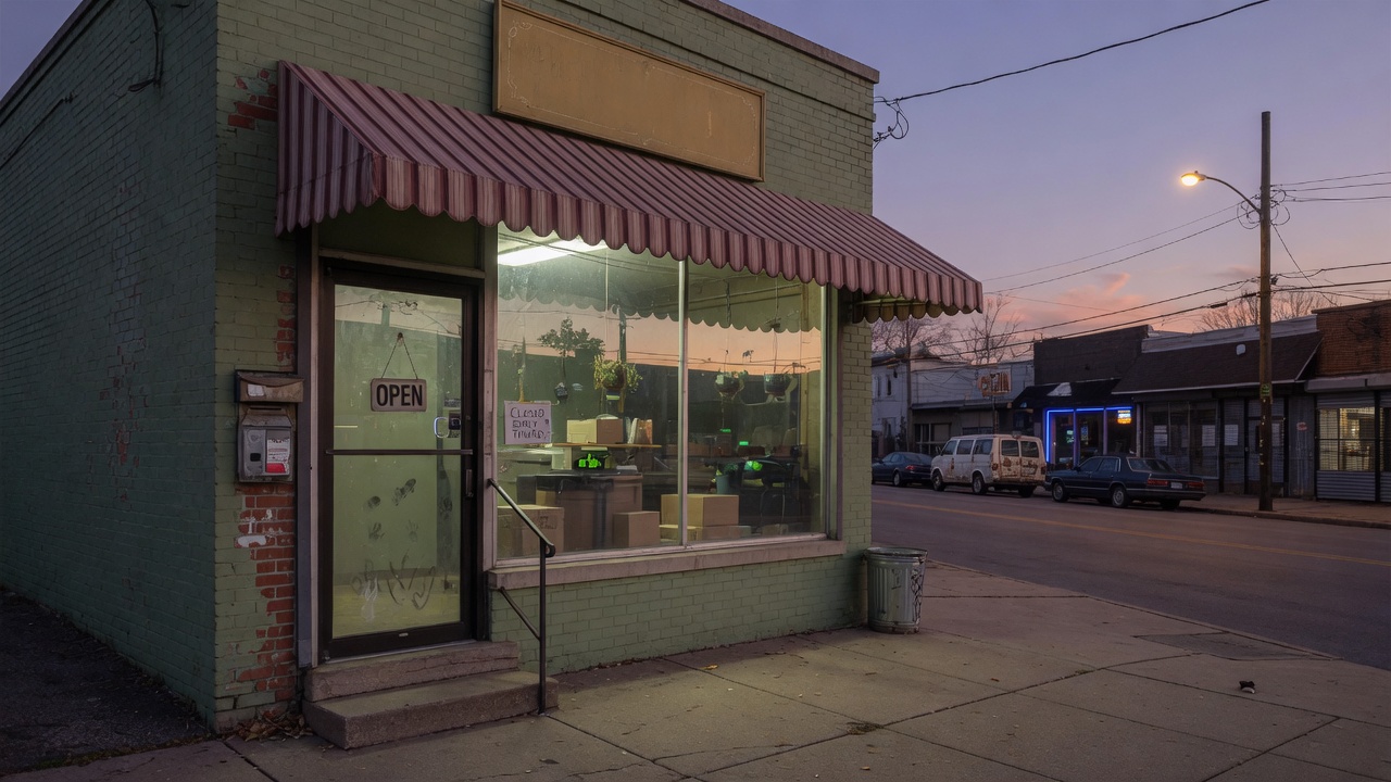 Small business storefront at dusk